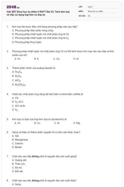 Giải SBT Khoa học tự nhiên 9 KNTT Bài 20. Tách kim loại và việc sử dụng hợp kim có đáp án