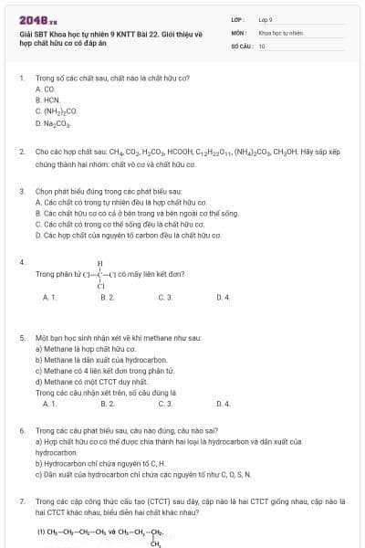 Giải SBT Khoa học tự nhiên 9 KNTT Bài 22. Giới thiệu về hợp chất hữu cơ có đáp án