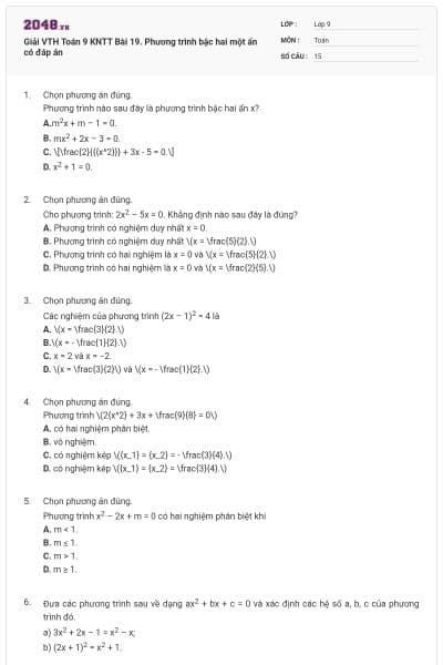 Giải VTH Toán 9 KNTT Bài 19. Phương trình bậc hai một ẩn có đáp án