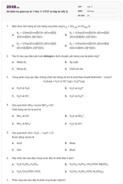 Đề kiểm tra giữa học kì 1 Hóa 11 CTST có đáp án (Đề 2)