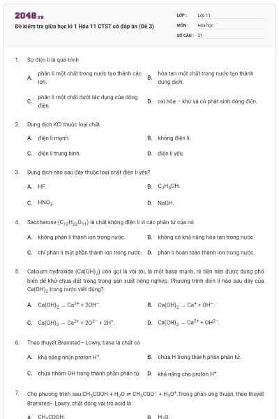 Đề kiểm tra giữa học kì 1 Hóa 11 CTST có đáp án (Đề 3)