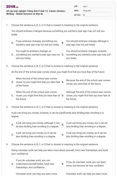 20 câu trắc nghiệm Tiếng Anh 9 Unit 12. Career choices - Writing - Global Success có đáp án