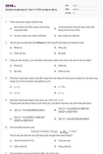 Đề kiểm tra giữa học kì 1 Hóa 11 CTST có đáp án (Đề 4)