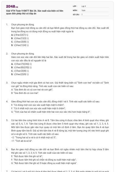Giải VTH Toán 9 KNTT Bài 26. Xác suất của biến cố liên quan đến phép thử có đáp án