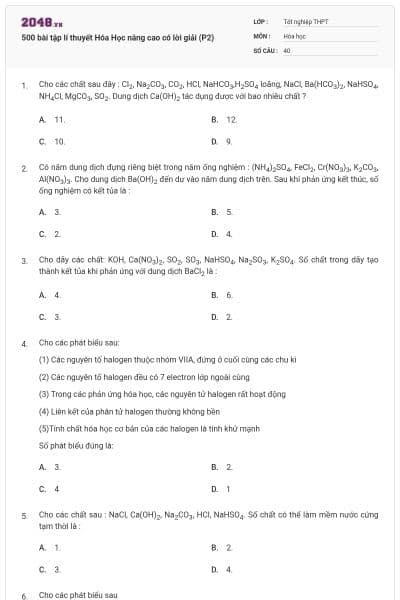 500 bài tập lí thuyết Hóa Học nâng cao có lời giải (P2)