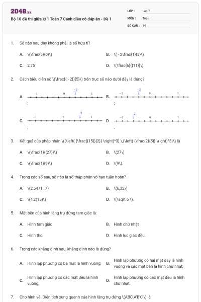 Bộ 10 đề thi giữa kì 1 Toán 7 Cánh diều có đáp án - Đề 1