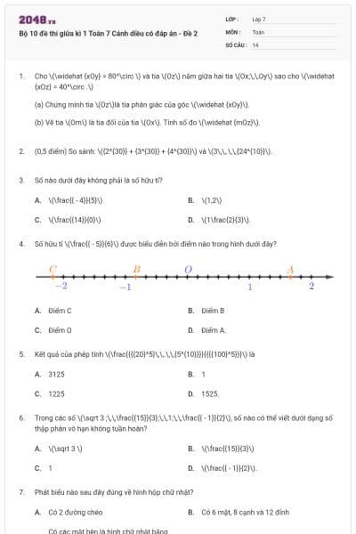 Bộ 10 đề thi giữa kì 1 Toán 7 Cánh diều có đáp án - Đề 2