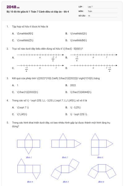 Bộ 10 đề thi giữa kì 1 Toán 7 Cánh diều có đáp án - Đề 4