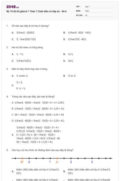 Bộ 10 đề thi giữa kì 1 Toán 7 Cánh diều có đáp án - Đề 6