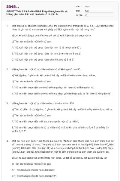 Giải SBT Toán 9 Cánh diều Bài 4. Phép thử ngẫu nhiên và không gian mẫu. Xác xuất của biến cố có đáp án