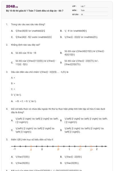 Bộ 10 đề thi giữa kì 1 Toán 7 Cánh diều có đáp án - Đề 7