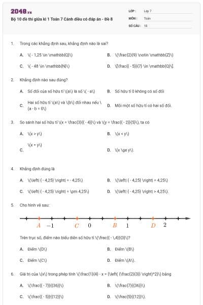 Bộ 10 đề thi giữa kì 1 Toán 7 Cánh diều có đáp án - Đề 8
