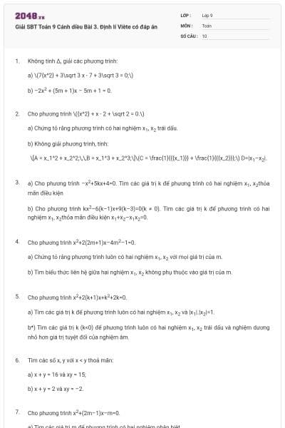 Giải SBT Toán 9 Cánh diều Bài 3. Định lí Viète có đáp án