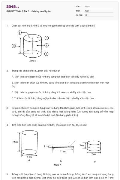 Giải SBT Toán 9 Bài 1. Hình trụ có đáp án