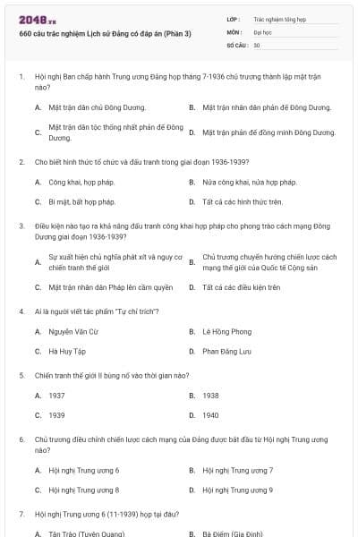 660 câu trắc nghiệm Lịch sử Đảng có đáp án (Phần 3)