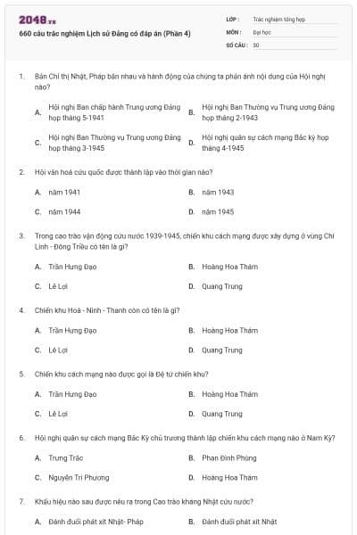 660 câu trắc nghiệm Lịch sử Đảng có đáp án (Phần 4)