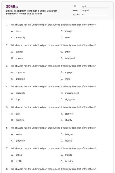 20 câu trắc nghiệm Tiếng Anh 8 Unit 8. On screen - Phonetics - Friends plus có đáp án