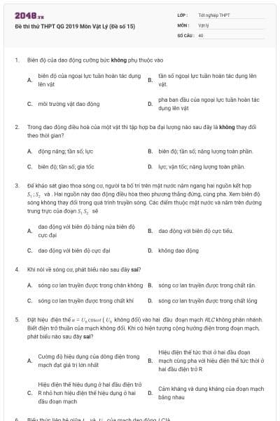 Đề thi thử THPT QG 2019 Môn Vật Lý (Đề số 15)