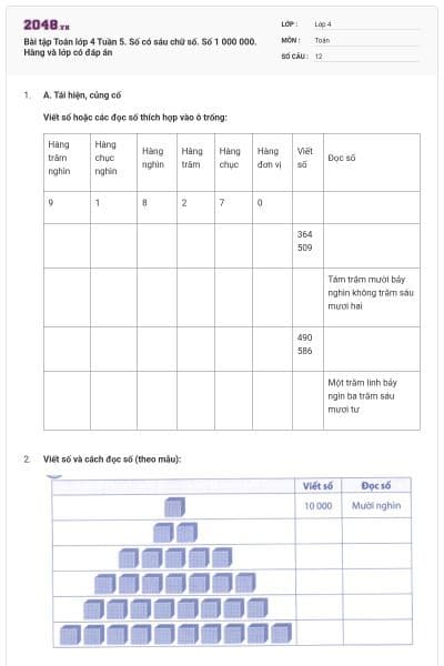 Bài tập Toán lớp 4 Tuần 5. Số có sáu chữ số. Số 1 000 000. Hàng và lớp có đáp án