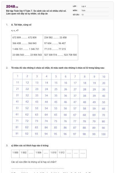 Bài tập Toán lớp 4 Tuần 7. So sánh các số có nhiều chữ số. Làm quen với dãy số tự nhiên. có đáp án