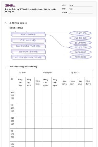 Bài tập Toán lớp 4 Tuần 8. Luyện tập chung. Yến, tạ và tấn có đáp án