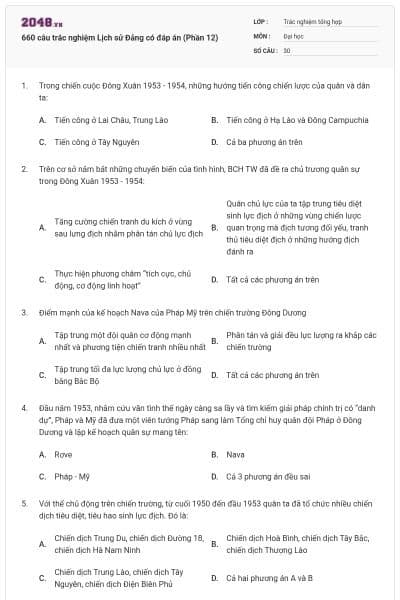 660 câu trắc nghiệm Lịch sử Đảng có đáp án (Phần 12)