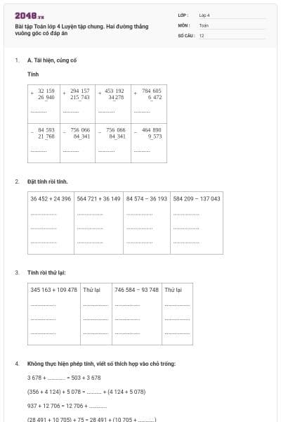 Bài tập Toán lớp 4 Luyện tập chung. Hai đường thẳng vuông góc có đáp án