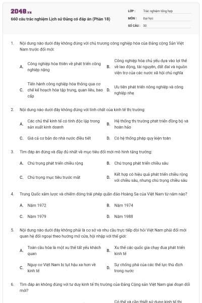 660 câu trắc nghiệm Lịch sử Đảng có đáp án (Phần 18)