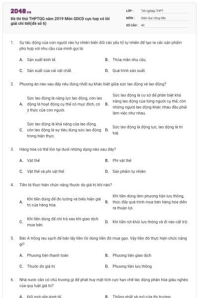 Đề thi thử THPTQG năm 2019 Môn GDCD cực hay có lời giải chi tiết(đề số 6)