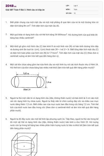 Giải SBT Toán 9 Bài 3. Hình cầu có đáp án