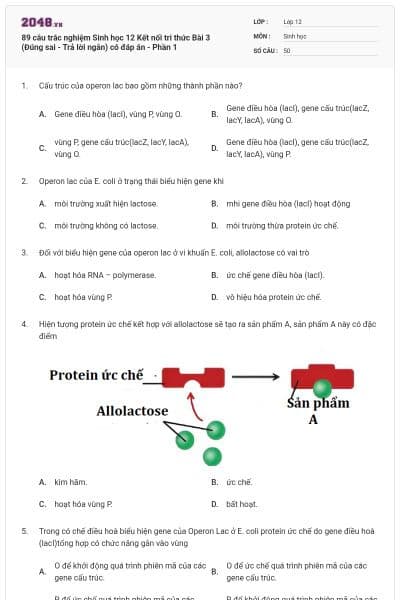 89 câu trắc nghiệm Sinh học 12 Kết nối tri thức Bài 3 (Đúng sai - Trả lời ngắn) có đáp án - Phần 1