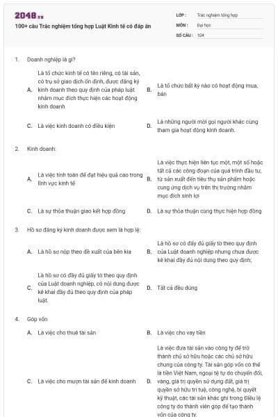 100+ câu Trắc nghiệm tổng hợp Luật Kinh tế có đáp án