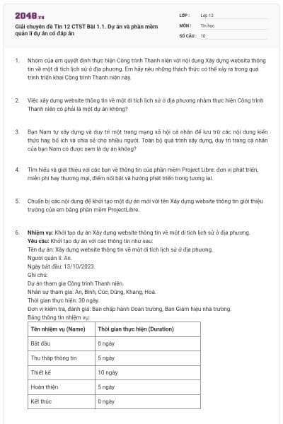 Giải chuyên đề Tin 12 CTST Bài 1.1. Dự án và phần mềm quản lí dự án có đáp án