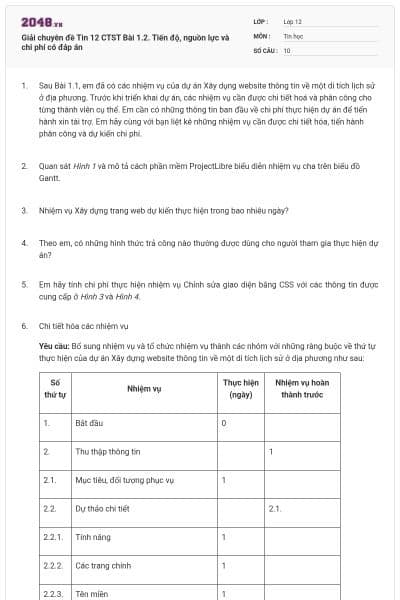 Giải chuyên đề Tin 12 CTST Bài 1.2. Tiến độ, nguồn lực và chi phí có đáp án