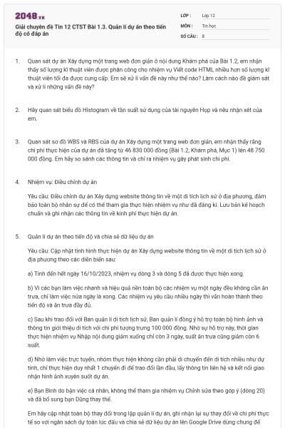 Giải chuyên đề Tin 12 CTST Bài 1.3. Quản lí dự án theo tiến độ có đáp án