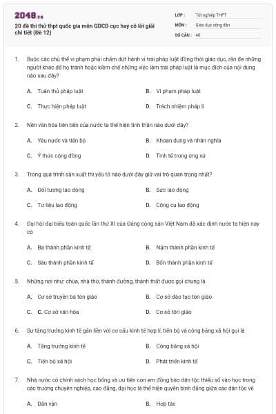 20 đề thi thử thpt quốc gia môn GDCD cực hay có lời giải chi tiết (Đề 12)