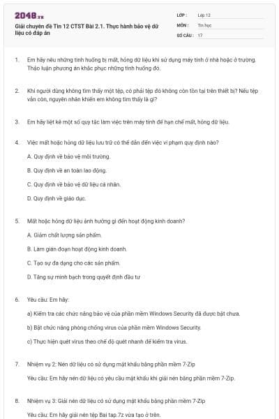 Giải chuyên đề Tin 12 CTST Bài 2.1. Thực hành bảo vệ dữ liệu có đáp án
