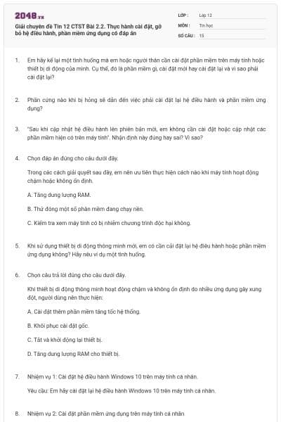 Giải chuyên đề Tin 12 CTST Bài 2.2. Thực hành cài đặt, gỡ bỏ hệ điều hành, phần mềm ứng dụng có đáp án