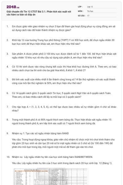 Giải chuyên đề Tin 12 CTST Bài 3.1. Phân tích xác xuất với các hàm cơ bản có đáp án