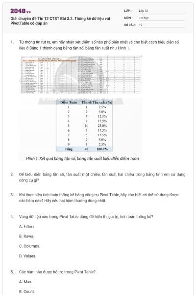 Giải chuyên đề Tin 12 CTST Bài 3.2. Thống kê dữ liệu với PivotTable có đáp án