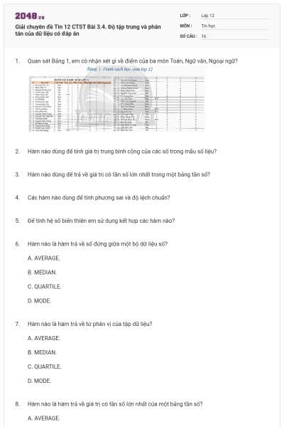 Giải chuyên đề Tin 12 CTST Bài 3.4. Độ tập trung và phân tán của dữ liệu có đáp án