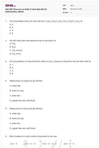 Giải SBT Khoa học tự nhiên 9 Cánh diều Bài 20. Hydrocarbon, alkane