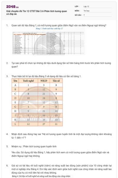 Giải chuyên đề Tin 12 CTST Bài 3.6 Phân tích tương quan có đáp án