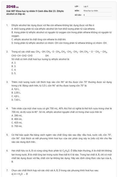 Giải SBT Khoa học tự nhiên 9 Cánh diều Bài 23. Ethylic alcohol có đáp án