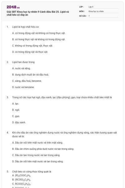 Giải SBT Khoa học tự nhiên 9 Cánh diều Bài 25. Lipid và chất béo có đáp án