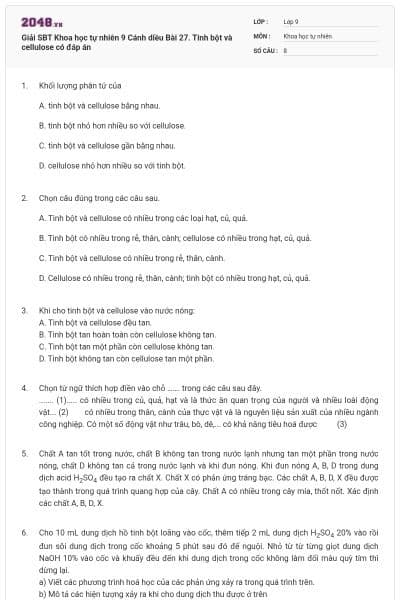 Giải SBT Khoa học tự nhiên 9 Cánh diều Bài 27. Tinh bột và cellulose có đáp án
