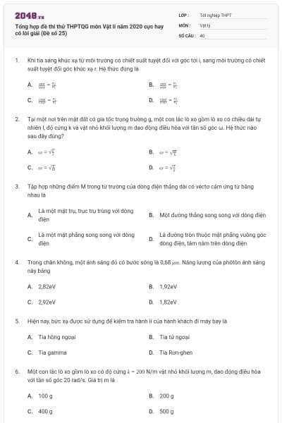 Tổng hợp đề thi thử THPTQG môn Vật lí năm 2020 cực hay có lời giải (Đề số 25)