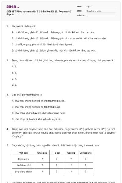 Giải SBT Khoa học tự nhiên 9 Cánh diều Bài 29. Polymer có đáp án