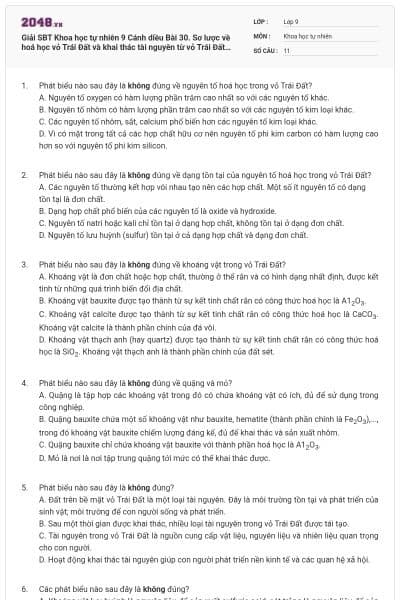 Giải SBT Khoa học tự nhiên 9 Cánh diều Bài 30. Sơ lược về hoá học vỏ Trái Đất và khai thác tài nguyên từ vỏ Trái Đất có đáp án