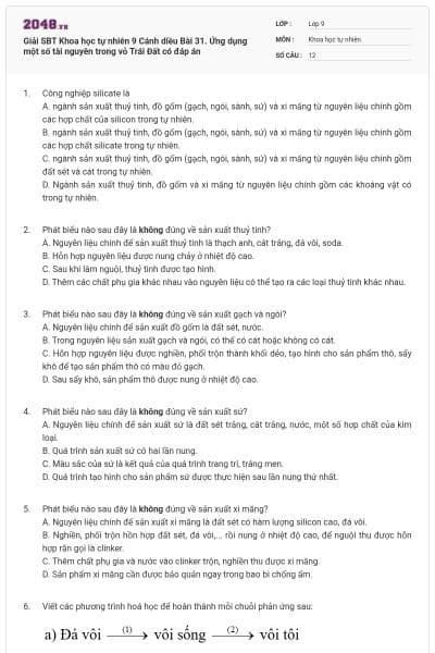 Giải SBT Khoa học tự nhiên 9 Cánh diều Bài 31. Ứng dụng một số tài nguyên trong vỏ Trái Đất có đáp án